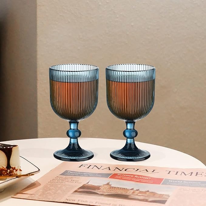 Blue Vintage Wine Glasses Set of 6, 11 Ounces Colored Glass Water Goblets, Unique Embossed Pattern High Clear Stemmed Glassware Wedding Party Bar Glass Drinking Cups Fancy Glasses Vertical Line