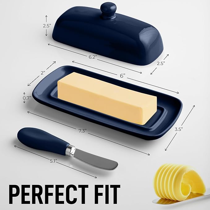 Zulay Butter Dish With Lid For Countertop - Porcelain White, Ceramic Butter Dish with Knob Handle Great for Cooking - Elegant Design Butter Holder - Durable & Sturdy Butter Keeper - Navy