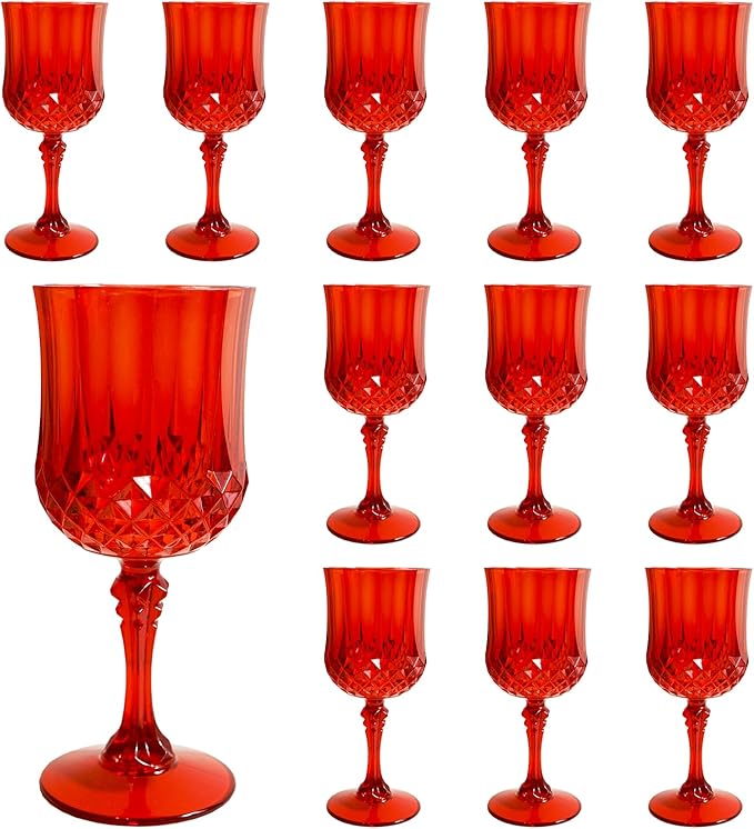 Plastic Wine Glasses,Plastic Goblets Vintage Style Cordial Drinking Glasses for Wedding Reception, Christmas Grand Event Party Supplies (12, Red)