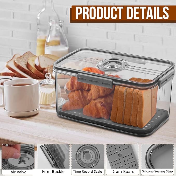 Bread Box Bread Boxes for Kitchen Counter Airtight, Time Recording Bread Storage Container with Lid, Bread Keeper for Homemade Bread, Toast, Bagel, Donut and Cookies, LARGE Dark Grey
