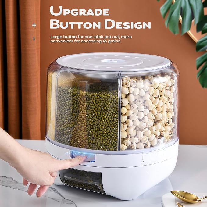 Grain Dispenser, 360° Rotating Storage Container, 6 Grid Food Dispenser with Storage Sealed Lid, Rice Dispenser for Grains, Beans, Rice, Peanut, Barley