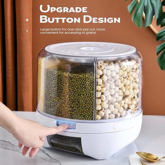 Grain Dispenser, 360° Rotating Storage Container, 6 Grid Food Dispenser with Storage Sealed Lid, Rice Dispenser for Grains, Beans, Rice, Peanut, Barley