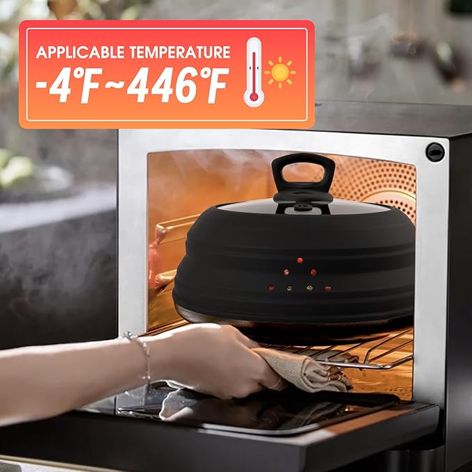 Microwave Splatter Cover Glass 11.8 Inch Microwave Cover for Food with Handle Collapsible Silicone Microwave Cover with Steam Vent for Pot Plate Bowl (Black)
