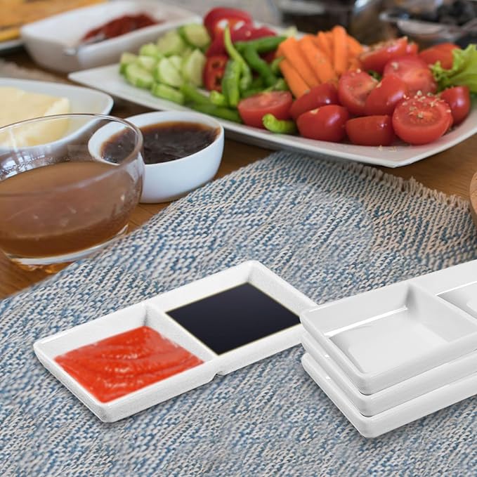 16 Pcs Dual Dipping Sauce Bowls with Two Compartments Melamine Soy Sauce Dish Divided Fondue Plates Party Trays for Kitchen Sushi Restaurant (White)
