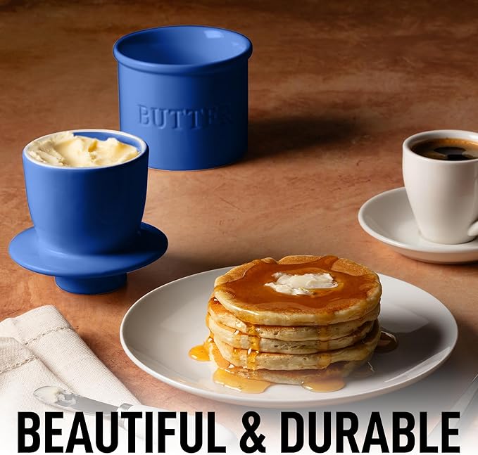Zulay Kitchen Porcelain Butter Crock With Lid & Knife - Authentic French Butter Dish For Fresh & Spreadable Butter - Blue