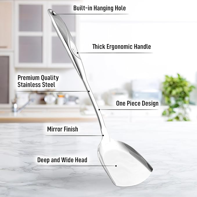Zulay Kitchen Stainless Steel Metal Wok Spatula - Durable Wok Turner Spatula Shovel - Durable Utensil with Ergonomic, Easy to Use Handle - Easy to Clean, Perfect for at Home Cooks & Chefs - 14.8”
