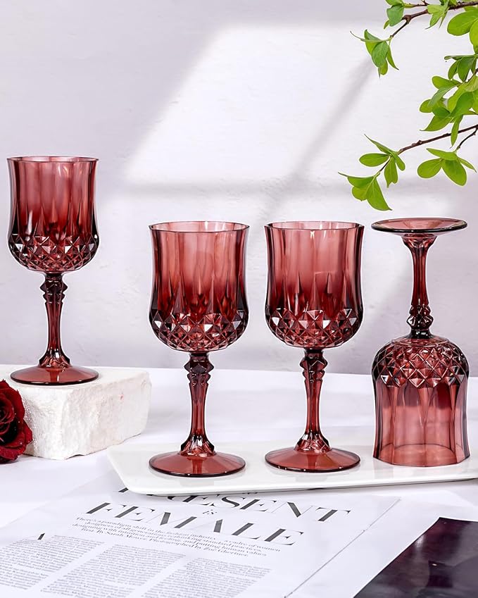 Ciaell 24PCS Burgundy Plastic Wine Glasses - 7 Oz Plastic Goblets for Party - Burgundy Vintage Drinking Glasses - Disposable Water Goblets Set for Wedding, Bar, Wine, Beer, Juice & Christmas