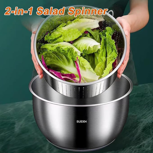 6L Stainless Steel Salad Spinner, Vegetable and Fruit Washer, Lettuce Dryer with Quick Spin and PP Lid – Multifunctional Kitchen Tool for Pasta and Fries