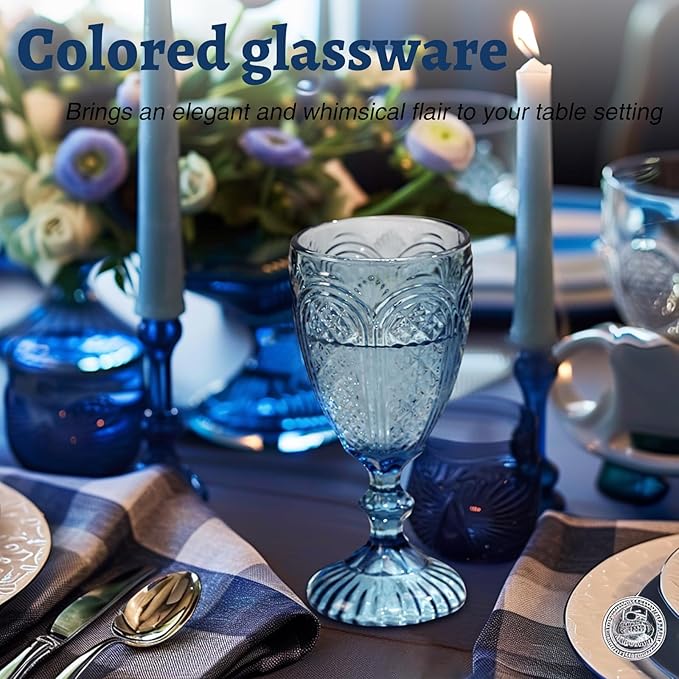 Blue Wine Glasses set of 6,Blue glass goblets made from Solid glass colors, vintage color glassware, drinking glasses for Engagement,Wedding, Birthday 10.5 OZ colored wine glasses