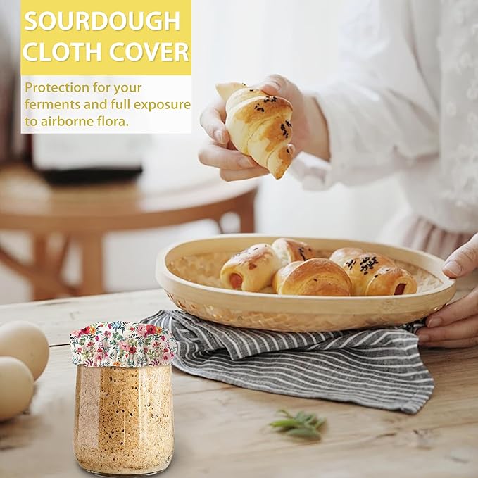Sourdough Starter Jar Covers,5-Pack Reusable Watercolor Floral Flowers Cloth Lids for 3-4 Inch Jars,Ideal for Kombucha Kefir or Cheese Fermentation