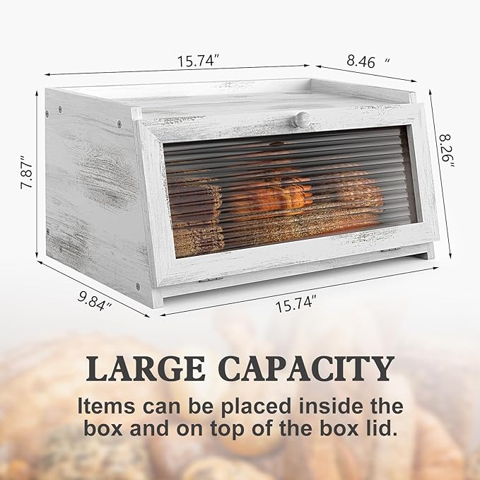 Bread Box for Kitchen Countertop Large Farmhouse Bread Container Bread Storage with Window Wooden Bread Holder