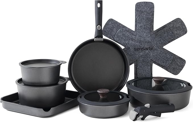 SENSARTE 17 Piece Pots and Pans Set, Nonstick Detachable Handle Cookware Set, Induction Kitchen Cookware Set with Removable Handle, Healthy Non Stick for RV, Dishwasher & Oven Safe, PFOA Free (Black)