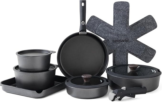SENSARTE 17 Piece Pots and Pans Set, Nonstick Detachable Handle Cookware Set, Induction Kitchen Cookware Set with Removable Handle, Healthy Non Stick for RV, Dishwasher & Oven Safe, PFOA Free (Black)