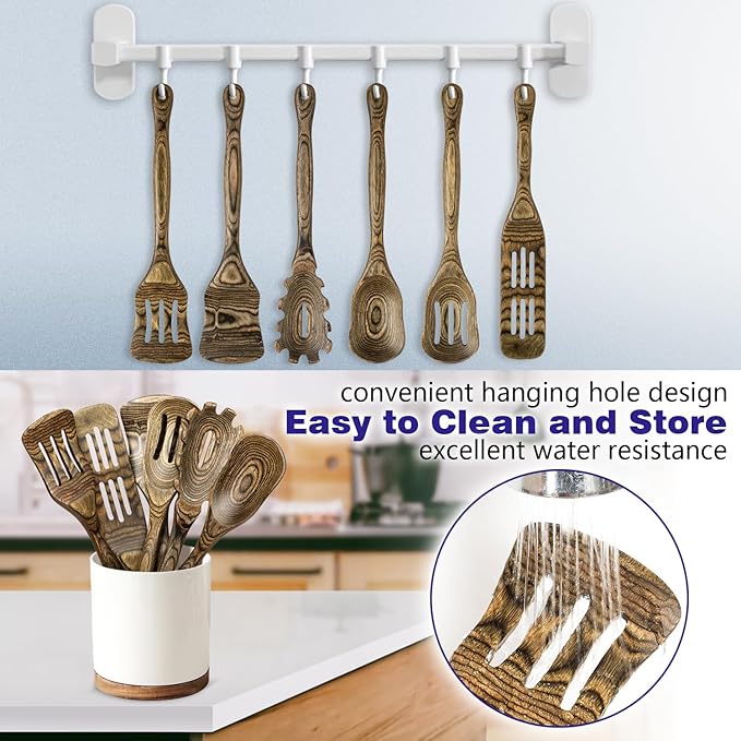 Kitchen 6-Piece Pakkawood Kitchen Utensil Set – Wooden Cooking Spoons with Slotted Spatula, Turner, Spaghetti Spoon & Fish Spurtle, Long Handle Design (Granite) by Howhong