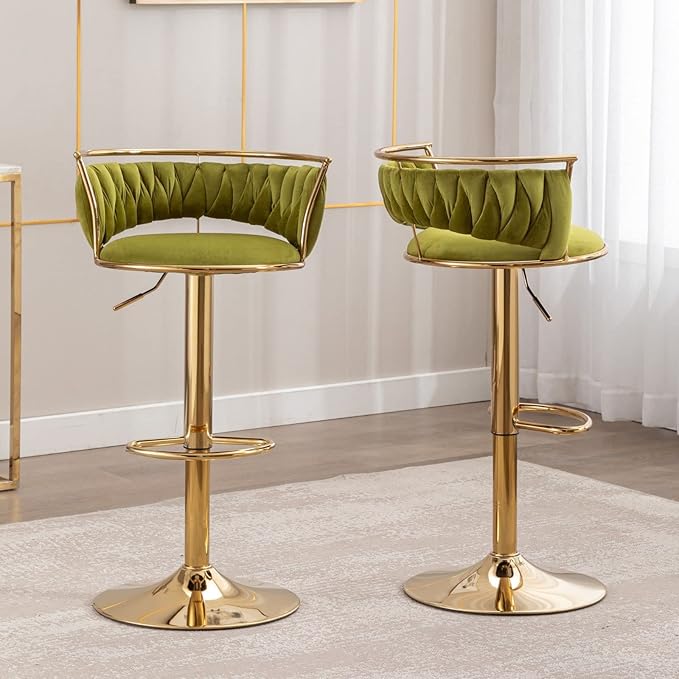 LukeAlon Velvet Adjustable Barstools Set of 2, Modern 360° Swivel Counter Stools with Golden Base Upholstered Open Back Tall Bar Chairs with Footrest for Home Kitchen, Green