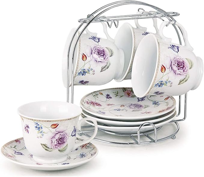 World Gifts Elegant Durable and Colorful Porcelain Tea Cup and Saucer Set with Metal Stand - Purple Flower, 8 oz. Set of 4