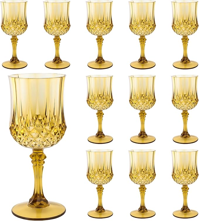 Plastic Wine Glasses,Plastic Goblets Vintage Style Cordial Drinking Glasses for Wedding Reception, Grand Event Party Supplies (12, Gold)