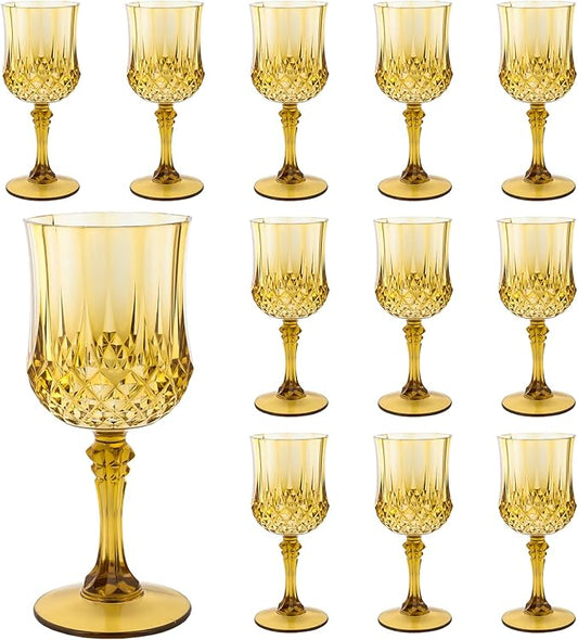 Plastic Wine Glasses,Plastic Goblets Vintage Style Cordial Drinking Glasses for Wedding Reception, Grand Event Party Supplies (12, Gold)