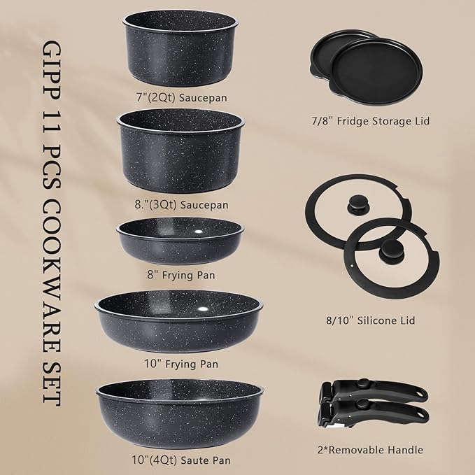 GiPP Ceramic Pots and Pans Set Non Stick, 11 Piece Nonstick Detachable Handle Cookware Sets, Non Toxic Induction Kitchen Pot and Pan with Removable Handle, Healthy RV Cookware, Dishwasher &Oven Safe