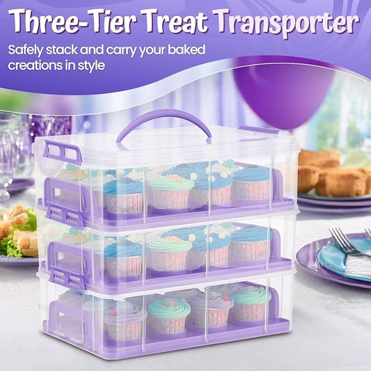 Flexzion 36 Cupcake Carrier 3 Tier Stackable Storage Container Collapsible Cake Carrier with Lid and Handle, Reusable Rectangular Plastic Dessert Travel Container, Display Holder Transport Box