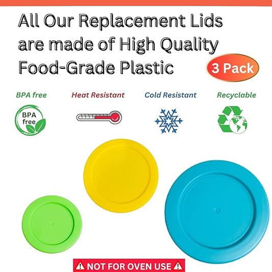 1, 2 & 4 Cup Spring Green, Yellow, Turquoise Replacement Lids/Covers for Pyrex, Anchor Hocking & KlareWare Storage Bowls *Lids Only Glass Container Not Included* (3 Pack *One of Each Size*)