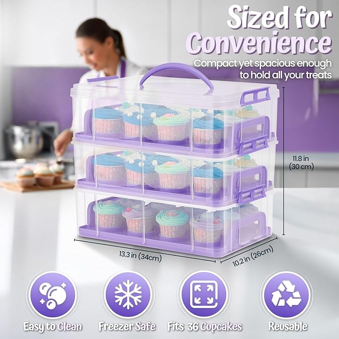 Flexzion 36 Cupcake Carrier 3 Tier Stackable Storage Container Collapsible Cake Carrier with Lid and Handle, Reusable Rectangular Plastic Dessert Travel Container, Display Holder Transport Box