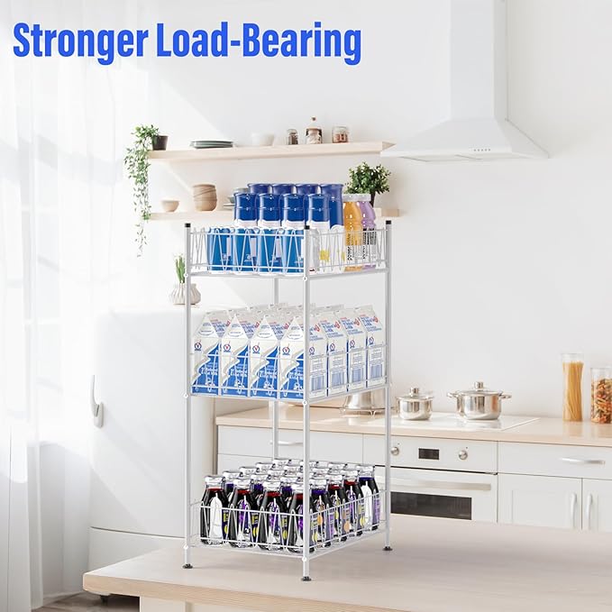 Water Bottle Organizer 3 Tier Vertical Bottled Water Holder Freestanding Metal Drink Storage Shelf Beverage Can Rack, Kitchen Pantry Tumbler Cup Organizer for Floor, Silver