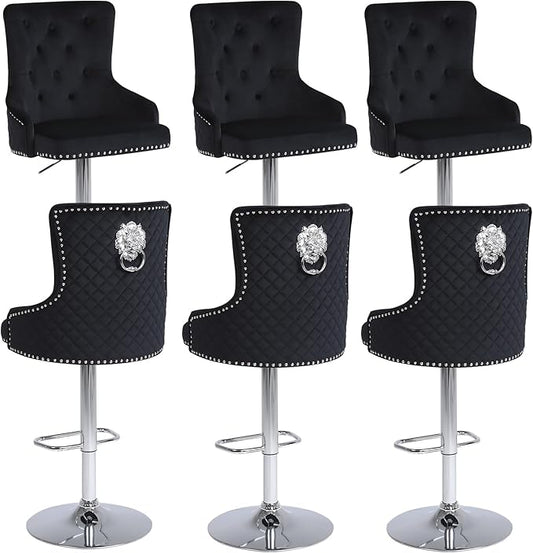 Velvet Lion Bar Stools Set of 6, Modern Height Adjustable Swivel Barstools with Chrome Base, Tufted Counter Height Bar Stools Upholstered Bar Chairs for Kitchen Island, Dining Room, Black