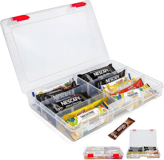 Water Packet Organizer – Stackable Clear Acrylic Water Flavor Packet Organization with Removable Dividers & Secure Lid for Kitchen, Countertop, Pantry, and Travel (Red)