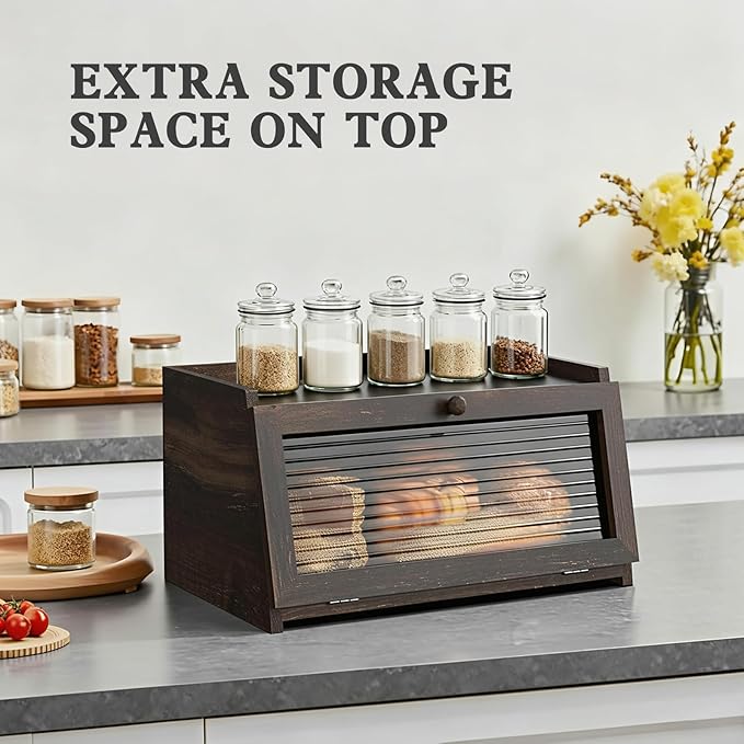 Bread Box for Kitchen Countertop Large Farmhouse Bread Container Bread Storage with Window Wooden Bread Holder