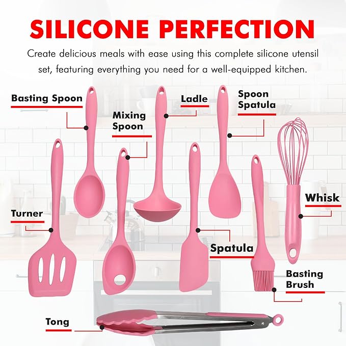 Chef Craft - Premium Silicone Kitchen Tools and Utensils Set, Non-Scratch, Withstands Temperatures up to 450°F, BPA-Free, 9 Piece Cooking Utensils Set, Pink
