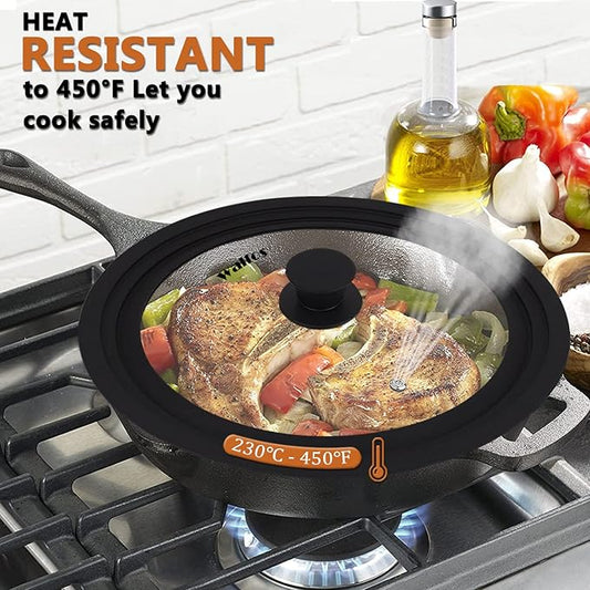 Walfos Universal Lids for Pots, Pans and Skillets - Tempered Glass with Heat Resistant Silicone Rim, Fits 6.5", 7" and 8" Diameter, 9.5", 10" and 11" Diameter Cookware(2PK)
