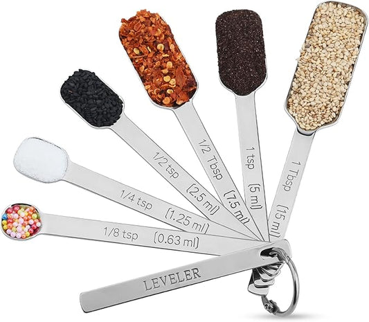 Measuring Spoons Set of 6, 18/8 Stainless Steel Measuring Spoons for Dry & Liquid, Spice Long Handle Tbsp Nesting Measure Spoon for Baking & Kitchen