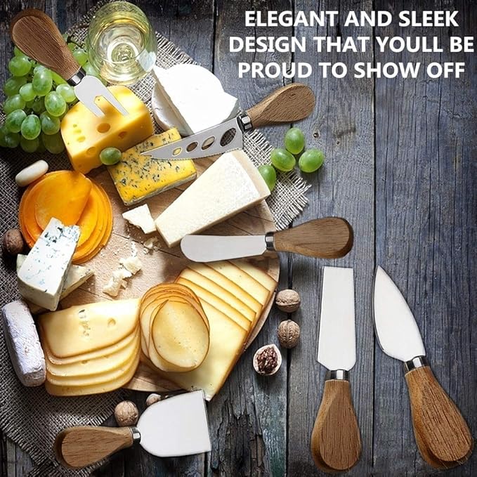 Premium 6-Piece Cheese Knife Set,Complete Stainless Steel Cheese Knives Collection (Acacia Wood Handle)-Charcuterie Boards Accessories,Gift-Ready