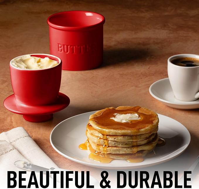 Zulay Kitchen Porcelain Butter Crock With Lid & Knife - Authentic French Butter Dish For Fresh & Spreadable Butter - Red