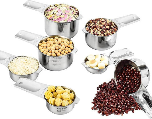 Measuring Cups Set, 18/8 Stainless Steel Measuring Cups Set of 7 for Drying & Liquid, Metric & US Nesting Measuring Tools for Kitchen & Baking