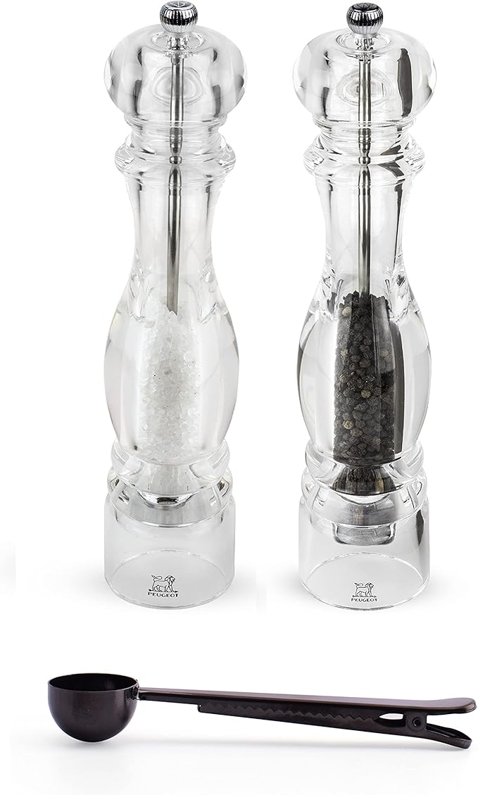 Peugeot Nancy Inch Salt & Pepper Mill Gift Set, Acrylic - With Stainless Steel Spice Scoop/Bag Clip (12 Inch)