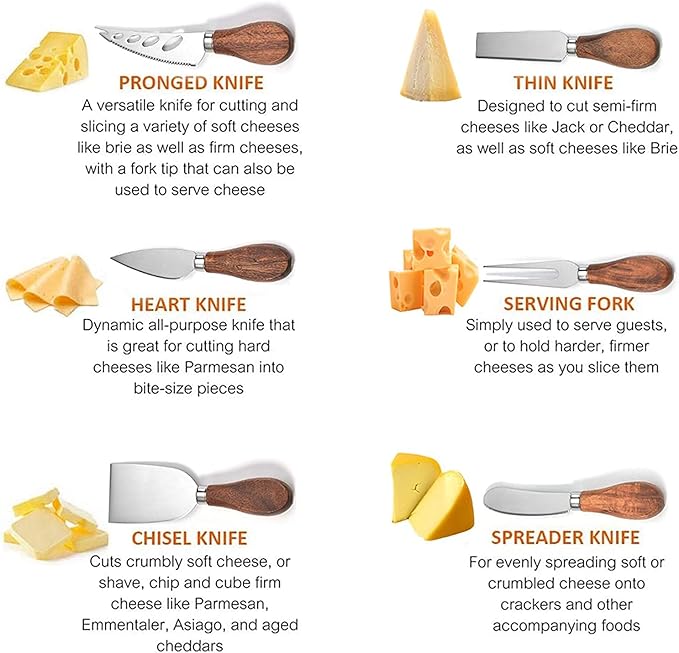 Exquisite 6-Piece Cheese Knives Set, Stainless Steel Cheese Knife Set Collection (Acacia Wood Handle)