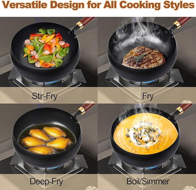 Suntuup Japanese Iron Pan, Uncoated Thick Iron Pot, Hand-Forged Non-Stick Stir Fry Pans Without Chemical Coating, Durable Rust-Free Flat Bottom Pan