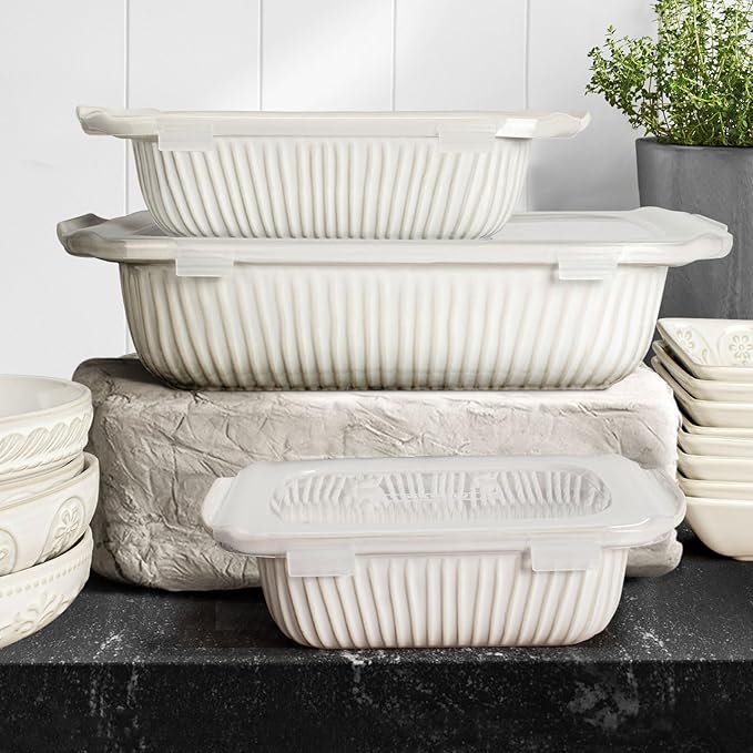 Artena Baking Dish 5.1 Quarts, Casserole Dishes For Oven, Baking Pan With Handles, Lasagna Pan Deep, Large Casserole Dish, Rectangular White Ceramic Bakeware (Baking Dish With Lids)