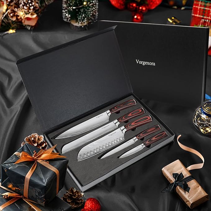 5 Pcs Chefs Kitchen Sharp Knife Set - Japanese Professional Cooking Cutting Knives for Meat Vegetable Bread and Paring, High Carbon Stainless Steel Santoku