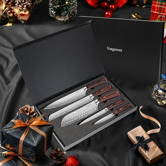 5 Pcs Chefs Kitchen Sharp Knife Set - Japanese Professional Cooking Cutting Knives for Meat Vegetable Bread and Paring, High Carbon Stainless Steel Santoku