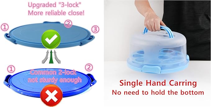 Portable Cake Carrier with Handle, Round Cupcake Holder with Lid, Plastic Storage Container Box fit 10 inch Cake, 3-Locking Muffin and Pies Keeper with Cover (Blue)