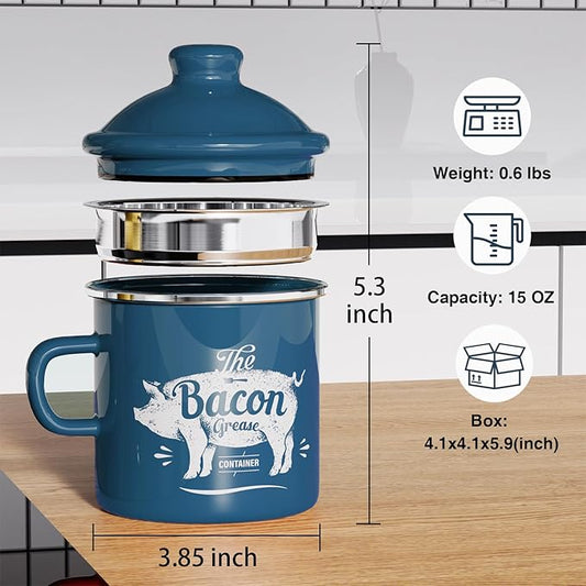 PGYARD Mini Bacon Grease Container With Strainer - 15OZ Enamel Grease Saver, Farmhouse Bacon Grease Keeper For Kitchen Fat Storage, Dishwasher Safe-Blue