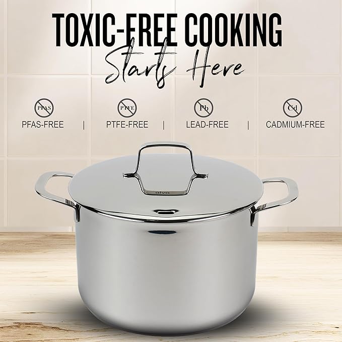 Alva Maestro Stainless Steel Stock Pot 4Qt. - Lasered Engrave Measurement, Oven Safe and Made without PFAS, PFOA & PTFE - Induction and All Stovetop Compatible with Even Heat Distribution