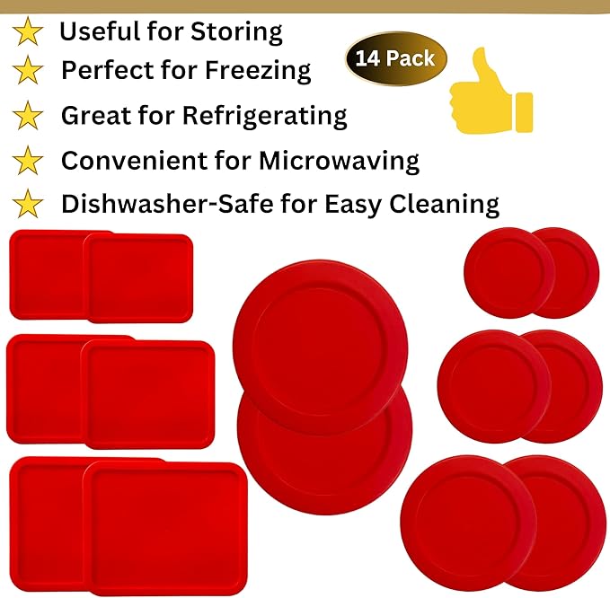 1, 2, 4 & 7 Cup Red Round & 3, 6, 11 Cup Red Rectangle Replacement Lids/Covers for Pyrex, Anchor Hocking & KlareWare Storage Bowls *Lids Only -Glass Container Not Included*, 14 Pack *2 of Each Size*