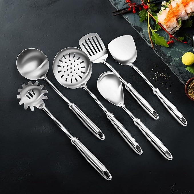 Stainless Steel Kitchen Utensils Set,6 PCS Metal Cooking Utensils Set,Large Spoon,Spaghetti Spoon,Wok Spatula,Skimmer,Soup Ladle etc(Dishwasher Safe)