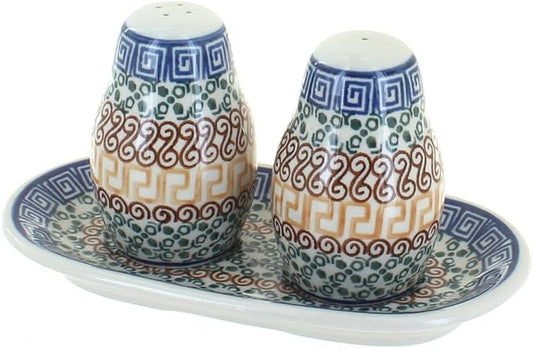 Blue Rose Polish Pottery - Brown Athena Salt & Pepper Shakers with Tray - 3.5" Tall - Hand-Painted Ceramic Seasoning Set for Table & Kitchen