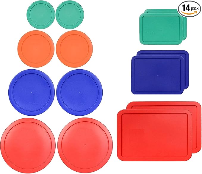 1, 2, 4 & 7 Cup Round & 3, 6, 11 Cup Rectangle Replacement Lids/Covers for Pyrex, Anchor Hocking & KlareWare Storage Bowls *Lids Only -Glass Container Not Included*, 14 Pack *2 of Each Size*