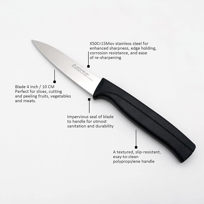 Kitchen Utility Knife - MATTSTONE HILL 4 Inch Paring Knife, Small Fruit & Vegetable Knife, Premium German Stell Blade, Black Handle